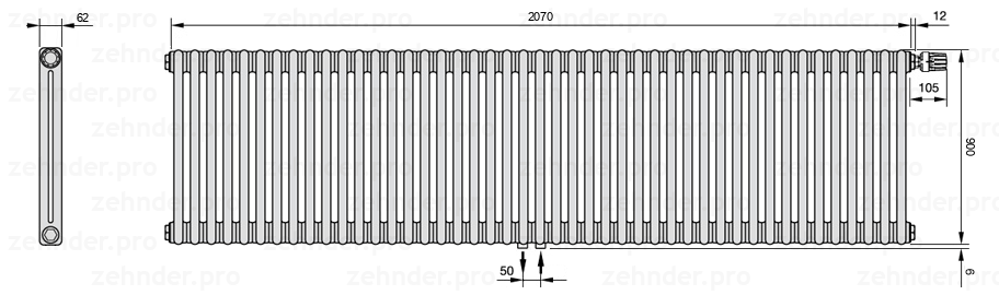 Схема (чертеж) Радиатор Zehnder Charleston 2090/45 №V008 Белый глянцевый RAL 9016